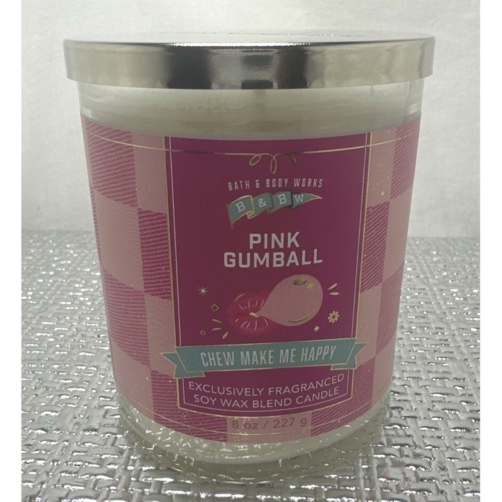 Bath & Body Works Pink Gumball Single Wick Candle 8 oz Soy Wax Blend Pink New
